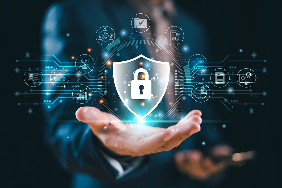 Digital security concept with lock and shield icon.