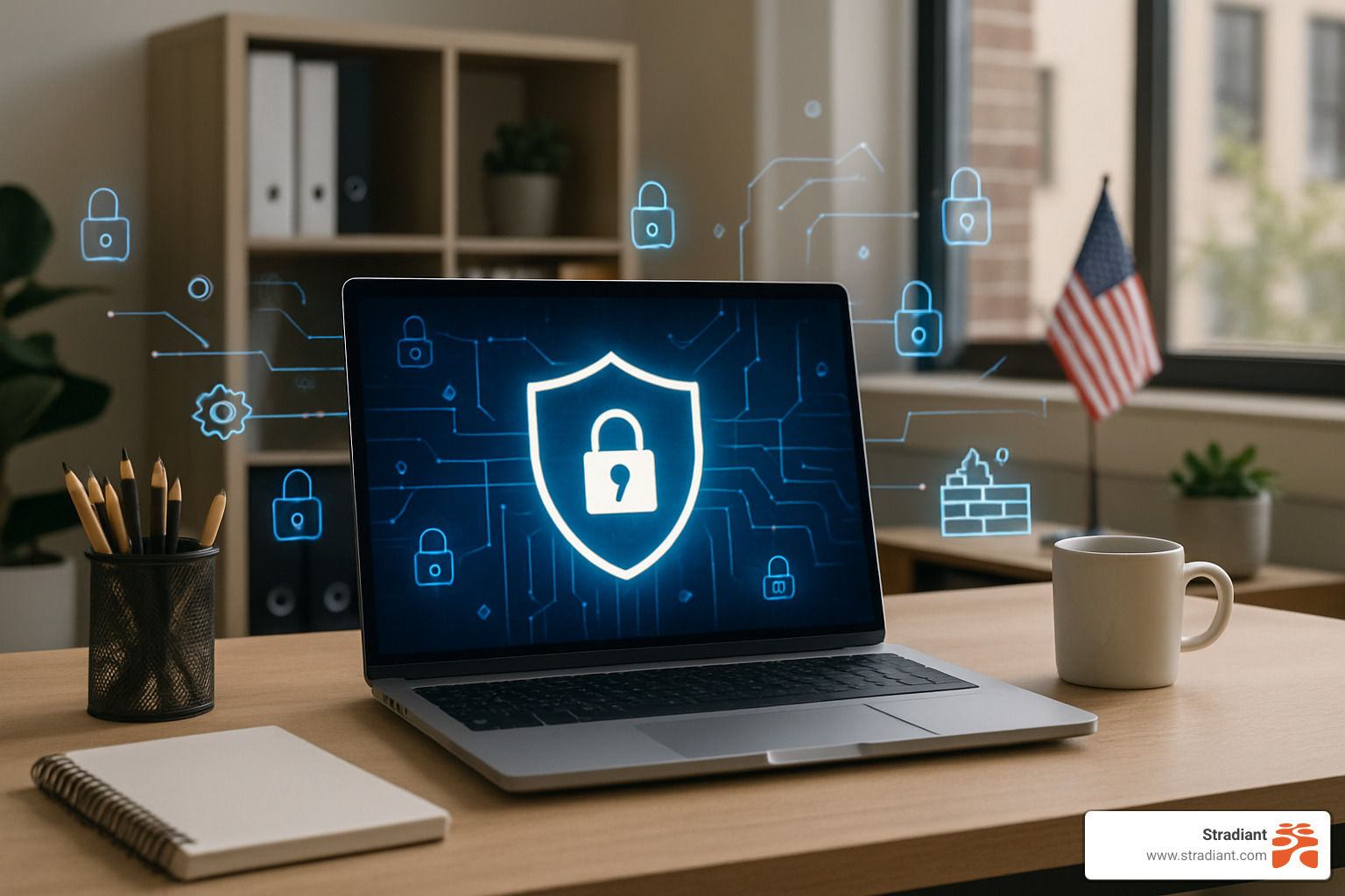 Laptop with cybersecurity lock image on screen.